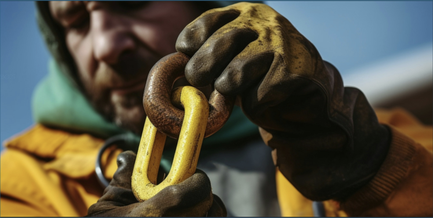 A worker inspects heavy-duty chains for safety. Neurapulse ensures readiness with rapid cognitive checks, optimizing job site safety.